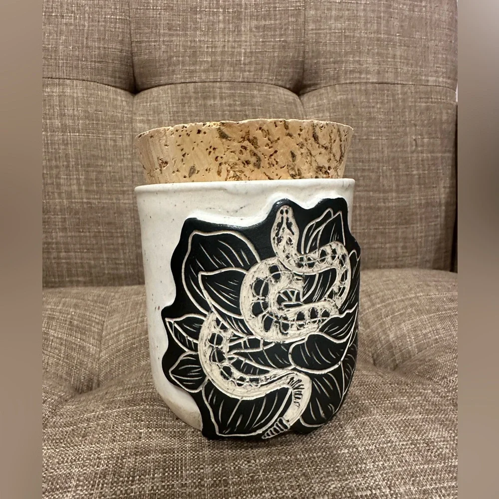 Handmade ceramic Jar with cork lid. Stash Jar pottery Snake